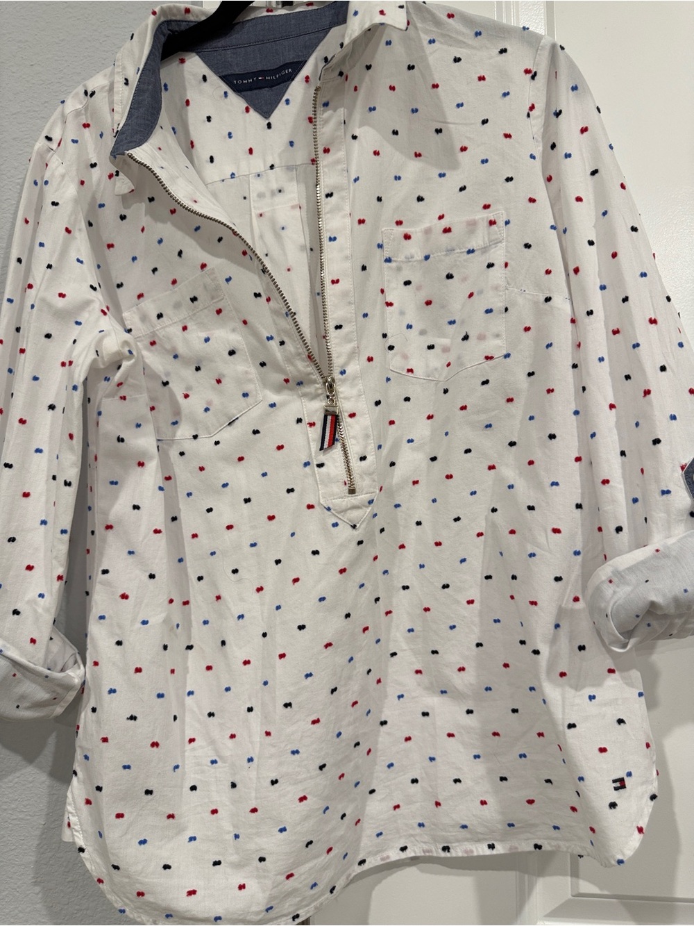 Tommy Hilfiger White Popover Shirt with Red, Blue & Black Dot Print